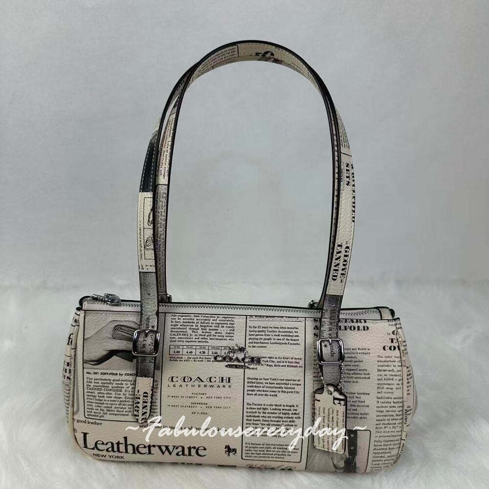 Coach Asher Shoulder Bag with Newspaper Print In Leather/Chalk Multi CDC11 NWT